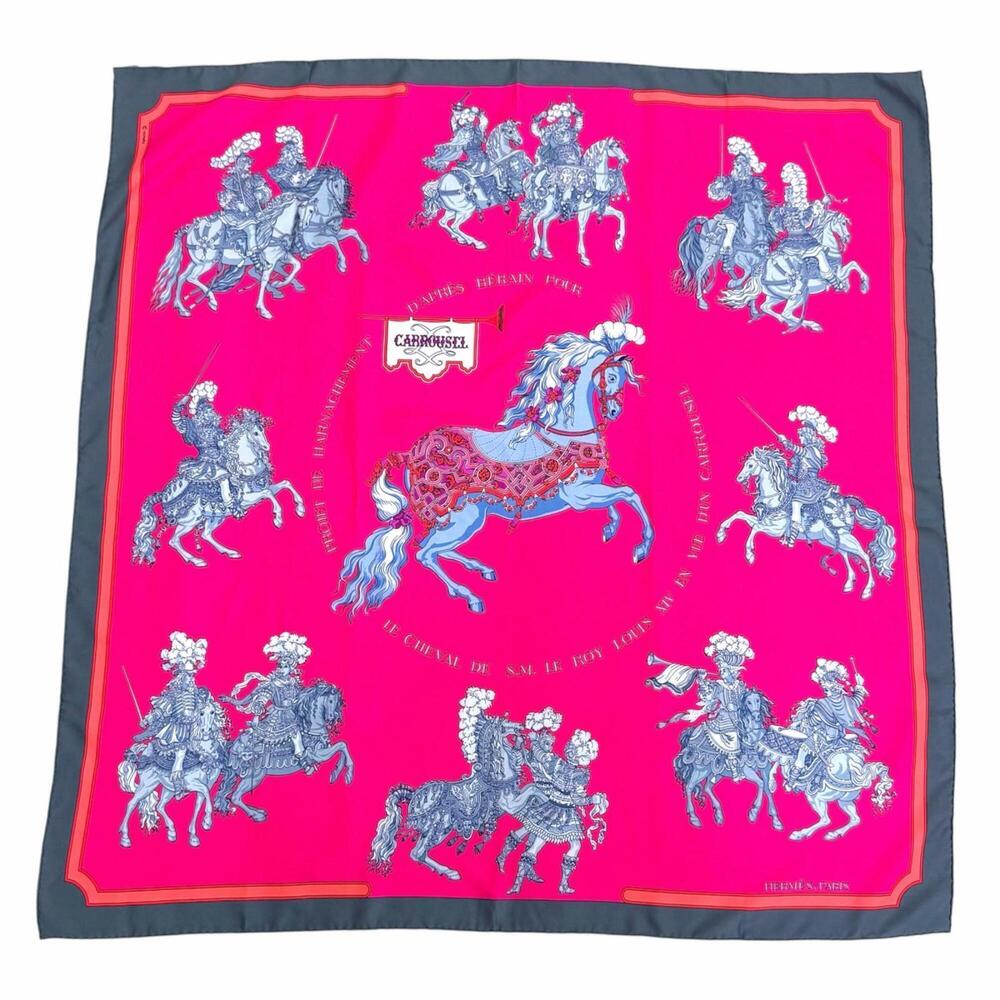 HERMES Carrousel (Merry-Go-Round) 100% Silk Carre 90 Scarf/Muffler, Pink/Gray...